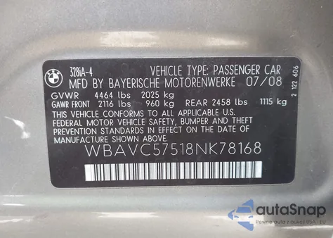 2008 BMW 328I z USA, uszkodzony, nr VIN WBAVC57518NK78168